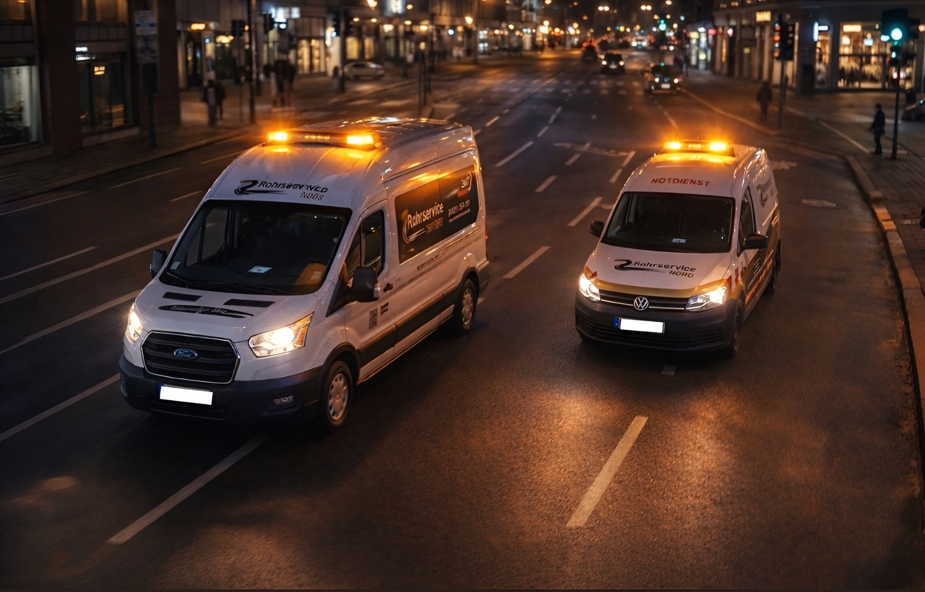 Zwei weiße Einsatzfahrzeuge mit Warnleuchten fahren nachts auf einer mehrspurigen Straße in einer Stadt